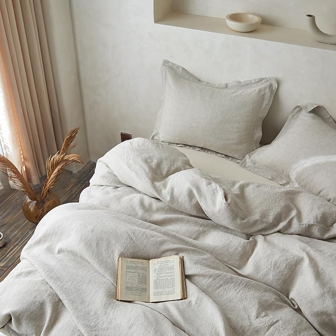 Simple&Opulence 100% Linen Duvet Cover Set with Crossed Embroidery Washed - 3 Pieces (1 Duvet Cover with 2 Pillow Shams) Soft Breathable Farmhouse - Linen, King Size