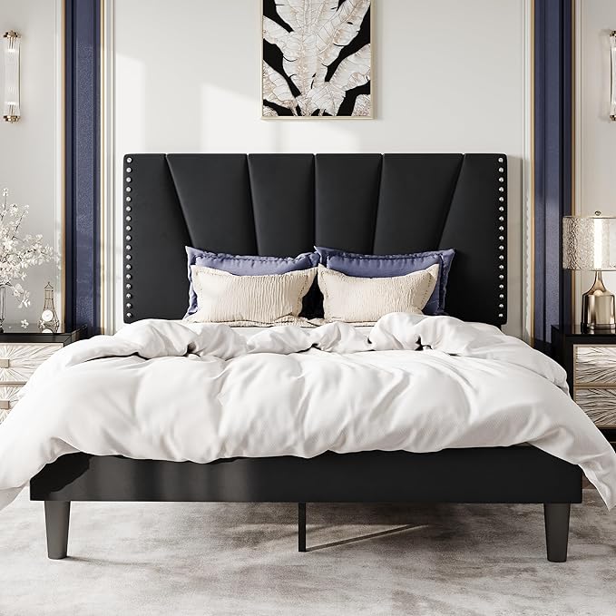 SHA CERLIN Full Size Bed Frame with Adjustable Upholstered Velvet Rivets Headboard, Sturdy Wooden Slats, Strong Platform Support for Mattress, No Box Spring Needed, Easy Assembly, Black