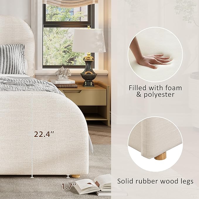 Christopher Knight Home Lanet Linen Upholstered Queen Size Bed Frame with Headboard, Modern Queen Bed Frame and Headboard, Wooden Slats Support, Easy Assembly, No Box Spring Needed, Beige