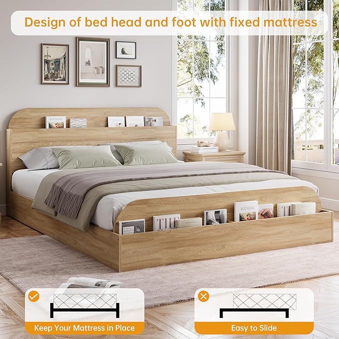 GarveeHome Queen Size Bed Frame, Wooden Beds with Storage Headboard and Raised-Foodboard, Queen-Floor Low Platform Bed for Bedroom, Sturdy Wooden Slats Support, No Box Spring Needed, Natural