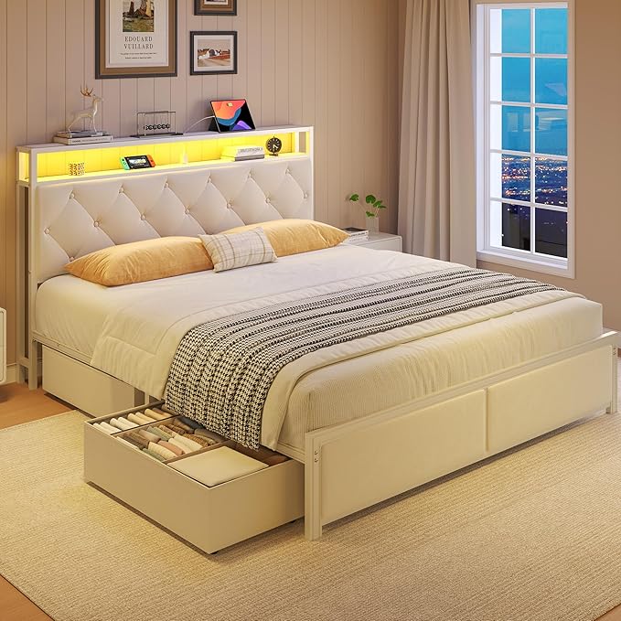 Fluest Queen Bed Frame with Headboard, Storage Drawers, Fast Charging Station, Led Lights, Bed Frame Queen Size with Fabric Drawers, Metal Structure, No Box Spring Needed, Easy Assembly, Beige