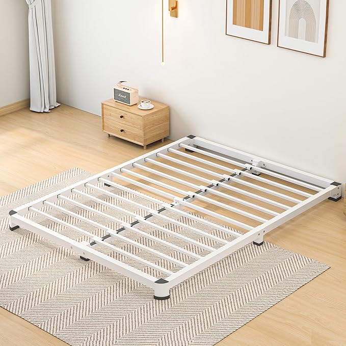 4 Inch Queen Bed Frame, Metal Platform Bed Frame with Round Corner Legs, 3500 lbs Heavy Duty Steel Slats Support, No Box Spring Needed, Noise Free, Easy Assembly, White