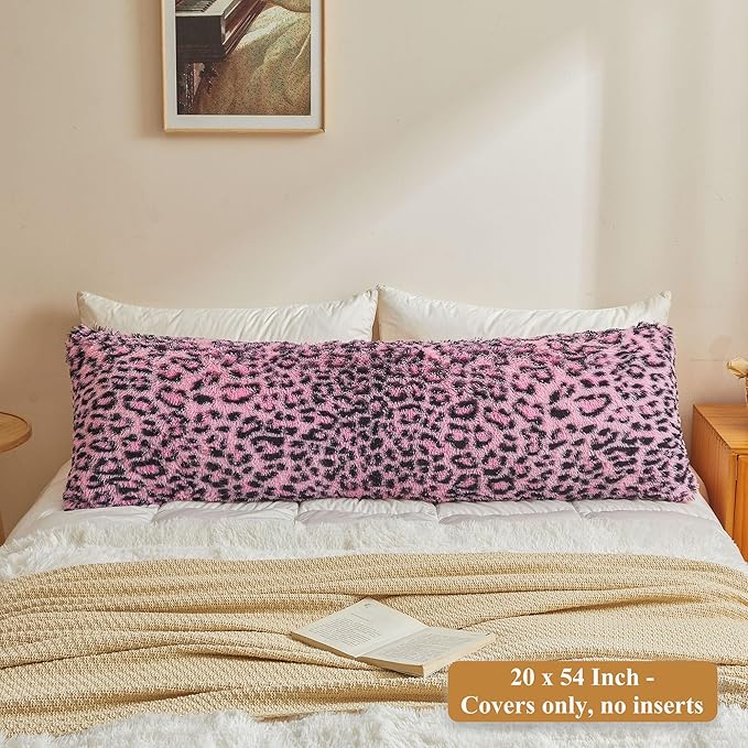 XeGe 20x54 Fluffy Leopard Print Body Pillow Cover, Cheetah Print Plush Fuzzy Faux Fur Body Pillowcase with Zipper, Farmhouse Shaggy Furry Long Pillow Cover for Women Side Sleeper, Black and Pink