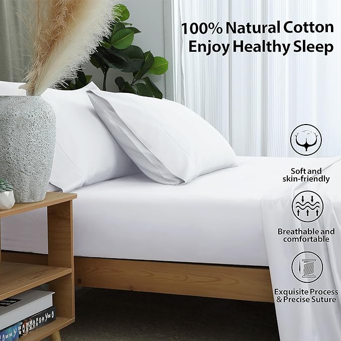 2-Pack Pure Cotton Fitted Sheet Twin Size, 600 Thread Count 16" Deep Pocket Egyptian Cotton Fitted Sheet (2pcs, Twin, White)