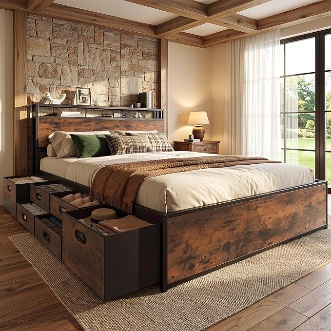LIKIMIO Queen Bed Frame with 12 Fabric Storage Drawers, Industrial Platform Bed Frame with Headboard, No Box Spring Needed, Sturdy Metal Slat Support, Rustic Brown, Noise-Free, Easy Assembly