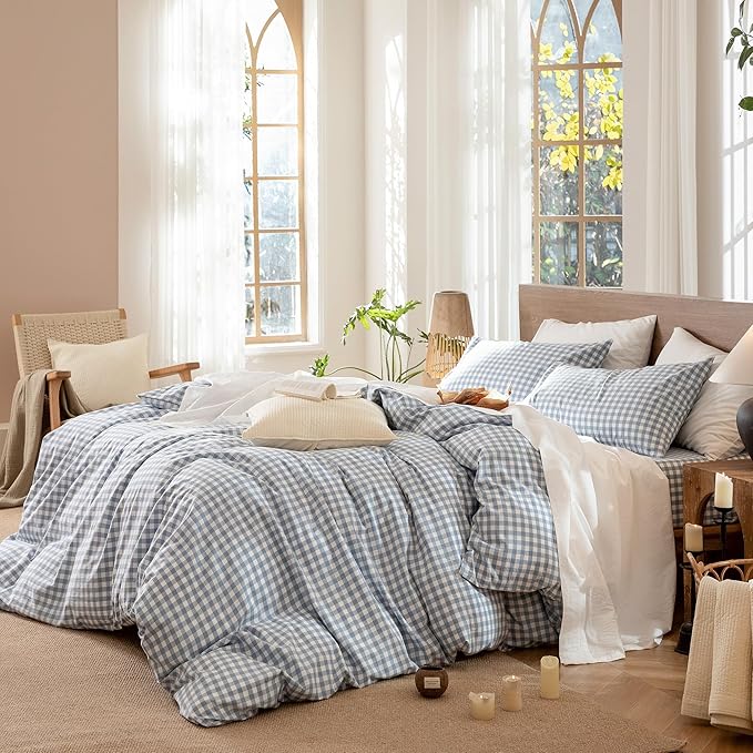 MooMee Gingham Duvet Cover Set 100% Washed Cotton Linen Like Textured Breathable Durable Soft Comfy Modern Checkered Design (Classic Gingham Cornflower Blue, Queen 90"x90")