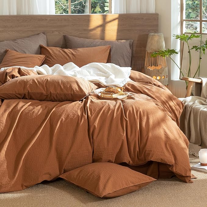MooMee Wavy Striped Duvet Cover Set 100% Washed Cotton Linen Like Textured Breathable Durable Soft Comfy (Dark Orange, Full 80"x90")