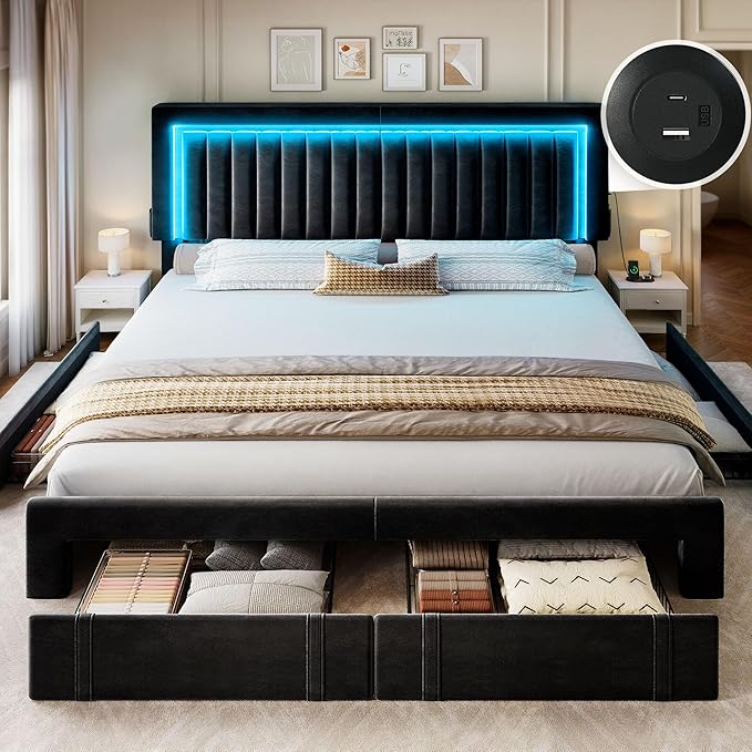 YITAHOME King Size Bed Frame with Velvet Vertical Tufted Upholstered Adjustable Headboard, 4 Storage Drawers, RGB LED Lights and USB Ports, No Box Spring Needed, Fast Assembly, Noise-Free, Black
