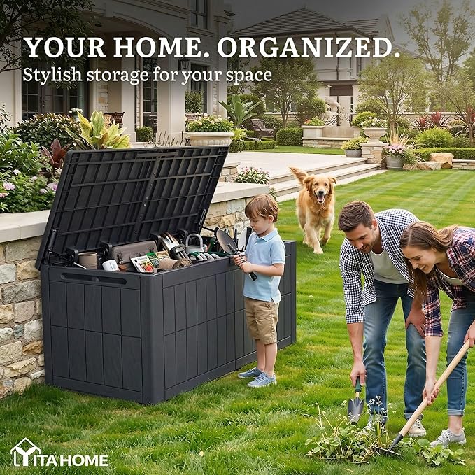 YITAHOME 134 Gallon Large Outdoor Storage Box with Lock, Waterproof Deck Box with Hydraulic Piston for Garden Tools, Pool Accessories & Cushions, Resin Deck Organizer with Bench Seat(Dark Gray)