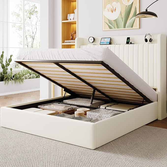 Allewie Queen Size Lift Up Storage Bed Frame,Storage Shelf Headboard with Charging Station,Type-C and USB Ports,Hydraulic Support,Velvet Upholstered Bed Frame,No Box Spring Needed,Cream