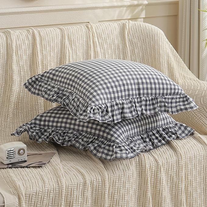 2 Pack Grey/White Plaid Ruffled Throw Pillow Sham 20 x20 inches, Washed Cotton Vintage Farmhouse Decorative Gingham Pillow Cover for Sofa/Living Room
