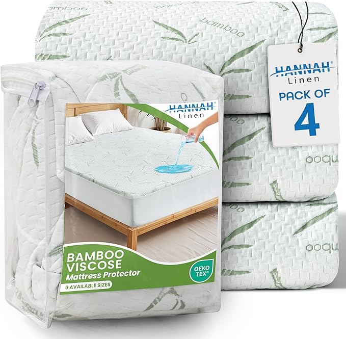 Hannah Linen Viscose derived from Bamboo Cooling Mattress Protector, 100% Waterproof - Soft and Breathable, 280 GSM Fitted Style Mattress Cover, 16 Inches Deep Pocket - King, 80x78 - (4 Pack)