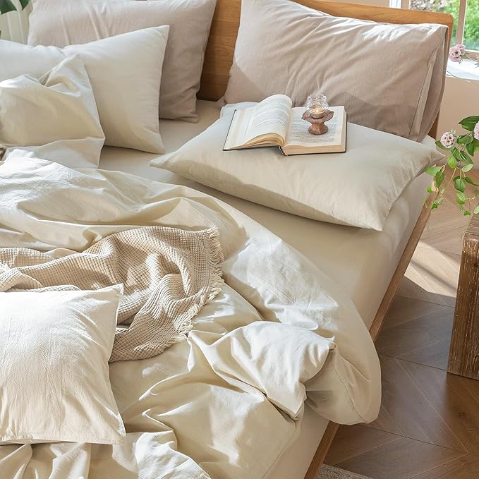 MooMee Bedding Duvet Cover Set 100% Washed Cotton Linen Like Textured Breathable Durable Soft Comfy (Heathered Almond Milk Grey, Oversized Queen 98"x98")