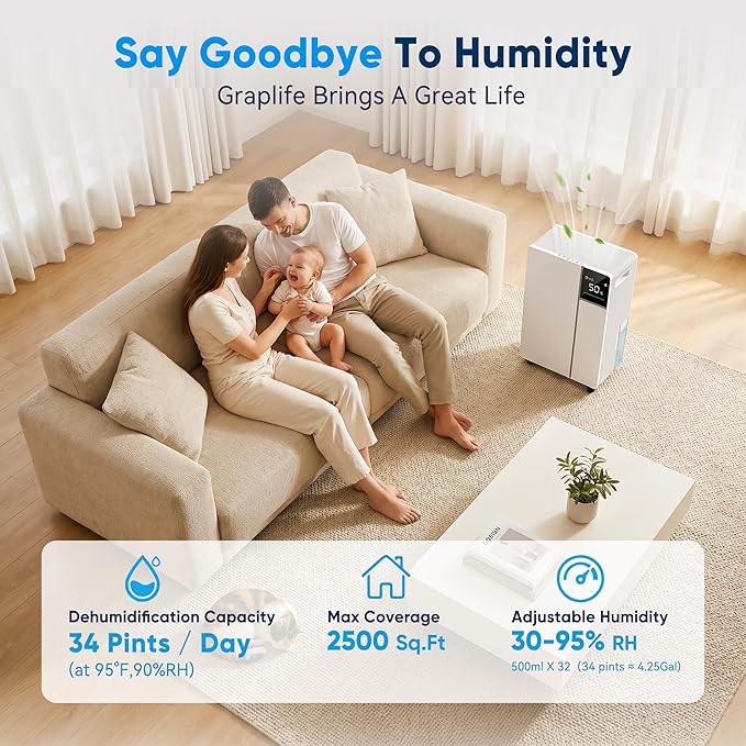 2500 Sq.Ft Dehumidifier for Basement with Drain Hose, Max 34 Pints Dehumidifiers for Home, Bedroom, Bathroom, Basement, Smart Humidity Presets, Three Modes, 24HR Timer, Quiet Operation