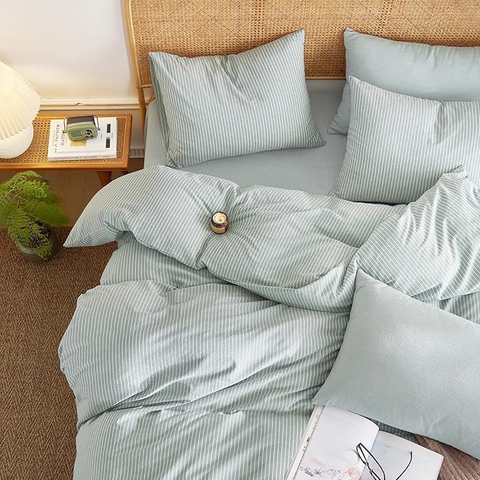 Wake In Cloud - Striped Cotton Duvet Cover Set, 100% Washed Cotton Textured Percale Bedding Set, Ticking Stripe Pinstripe Farmhouse, 3 Pieces, Greyish Blue, King Size