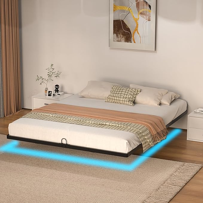 Floating Bed Frame with Smart LED Lights Metal Platform Bed Easy Assembly No Box Spring Needed (King)