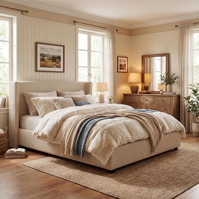 IDEALHOUSE Queen Size Upholstered Platform Bed Frame with Storage Drawers, Corduroy Wingback with Tufted Headboard and Footboard, No Box Spring Needed, Easy Assembly, Beige