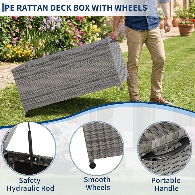 185 Gallon Outdoor Wicker Deck Box, All-Weather Waterproof Patio Storage with PE Rattan Finish & Steel Frame, for Cushions, Garden Tools, Pool Supplies, Lockable Brown Storage Box with Soft-Close Lid