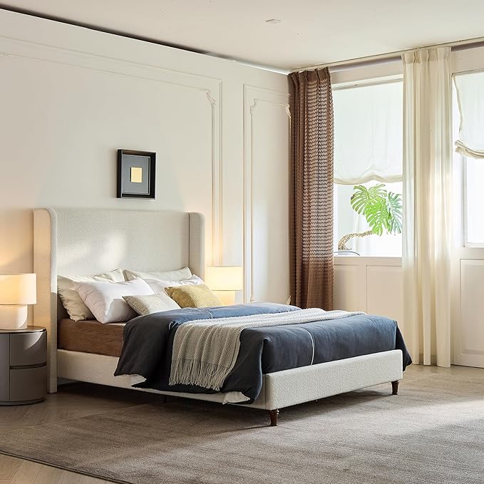 King Size Tall Headboard Bed, Boucle Upholstered Platform Bed Frame with 54" High Headboard, Sturdy Wooden Slats & Metal Frame, No Box Spring Required, Easy Assembly, Elegant Simplicity, Cream White