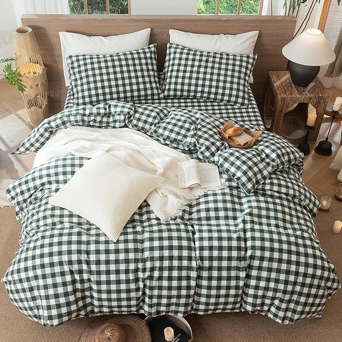 MooMee Gingham Duvet Cover Set 100% Washed Cotton Linen Like Textured Breathable Durable Soft Comfy Modern Checkered Design (Buffalo Plaid Forest Green, Palatial King/Oversized King 120"x98")