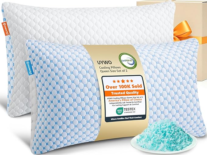 UYWO Cooling Firm Bed Pillows Set of 2, Shredded Memory Foam Pillows for Sleeping Luxury Gel Pillows for Side Back Stomach Sleepers with Removable Washable Cover(Blue, Queen)