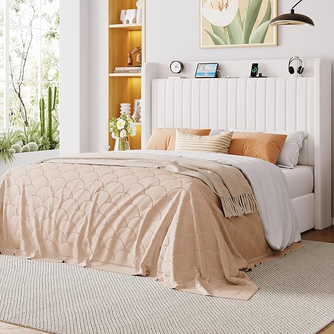 Allewie Queen Size Lift Up Storage Bed Frame,Storage Shelf Headboard with Charging Station,Type-C and USB Ports,Hydraulic Support,Velvet Upholstered Bed Frame,No Box Spring Needed,White