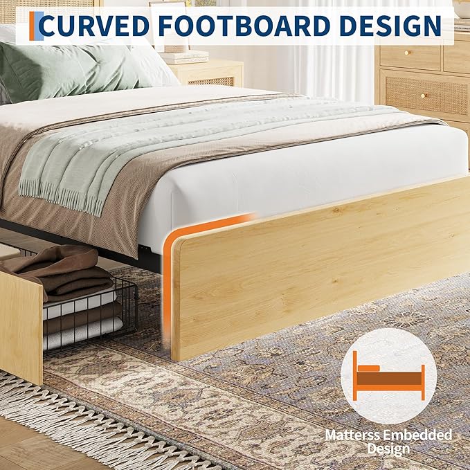 Garvee Queen Size Rattan Bed Frame with 4 Drawers, Bohemian Queen Rattan Bed Frame with Natural Headboard, Platform Queen Size Bed with Wooden Legs, LED Lights, No Box Spring Needed
