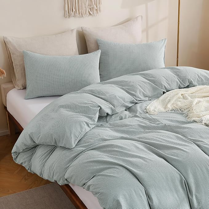 TOCOMOA Mini Gingham Green Duvet Cover Bedding Set 100% Washed Cotton Like Linen Feel Super Soft Comfortable 3 Piece Small Plaid Checkered Comforter Cover Set (Queen 90"x90", Comforter Not Included)