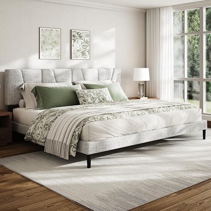 King Size Bed Frame with Linen Upholstered Platform Bed Frame, Wooden Slats Support, Noise-Free Mattress Foundation, No Box Spring Needed, Easy Assembly, Light Grey