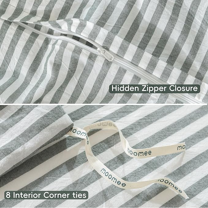 MooMee Striped Duvet Cover Set 100% Washed Cotton Linen Like Textured Breathable Durable Soft Comfy (Heathered Green Classic Stripes, King 104"x90")
