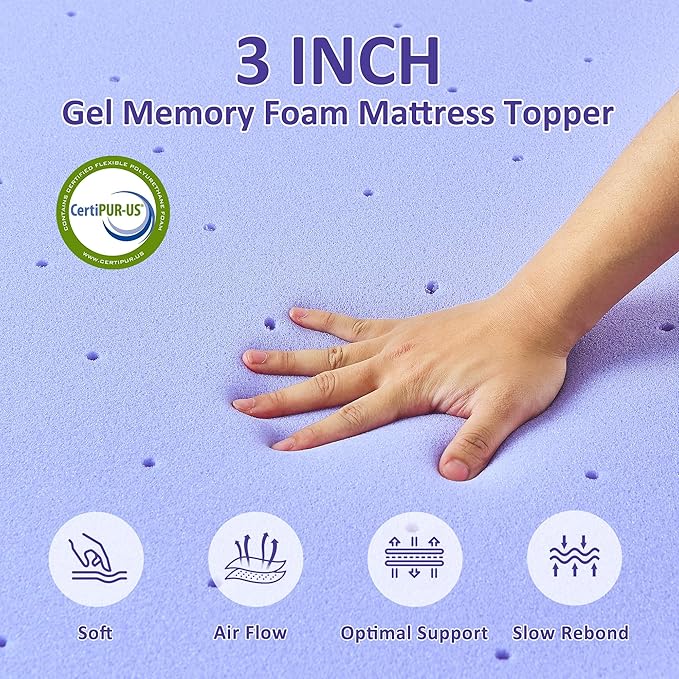 3 Inch Gel Memory Foam Mattress Topper Queen Size with Removable & Washable Viscose Made from Bamboo Cooling Breathable Cover, Soft Bed Topper for Back Pain, CertiPUR-US Certified