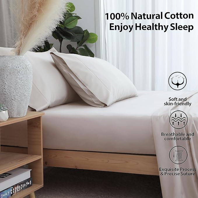 2-Pack Pure Cotton Twin XL Fitted Sheet for Adjustable Bed Split King, 600 TC 16" Deep Pocket Egyptian Cotton Fitted Sheet (2pcs, Twin XL, Light Beige)