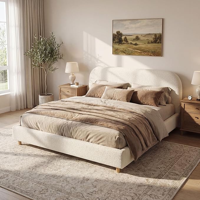 Merax California King Size Teddy Fleece Thick Fabric Upholstered Platform Bed with Curved Shaped Headboard, Wood Bed Frame with Solid Round Legs for Kids Teens Adults, White