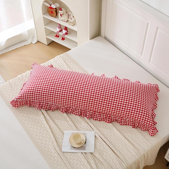20x54 inches Red/White Gingham Body Pillow Sham 1 Piece, 100% Cotton Ruffled Vintage Pillowcase Farmhouse Body Pillow Cover for Bedding