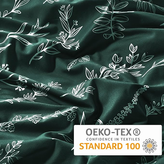 MUXHOMO Duvet Cover Queen Size, Reversible Floral Forest Green Duvet Cover Set with Zipper Closure, 3 Pieces Botanical Patterns Soft Microfiber Bedding Set with 4 Ties (90"x90", 2 Pillow Cases)