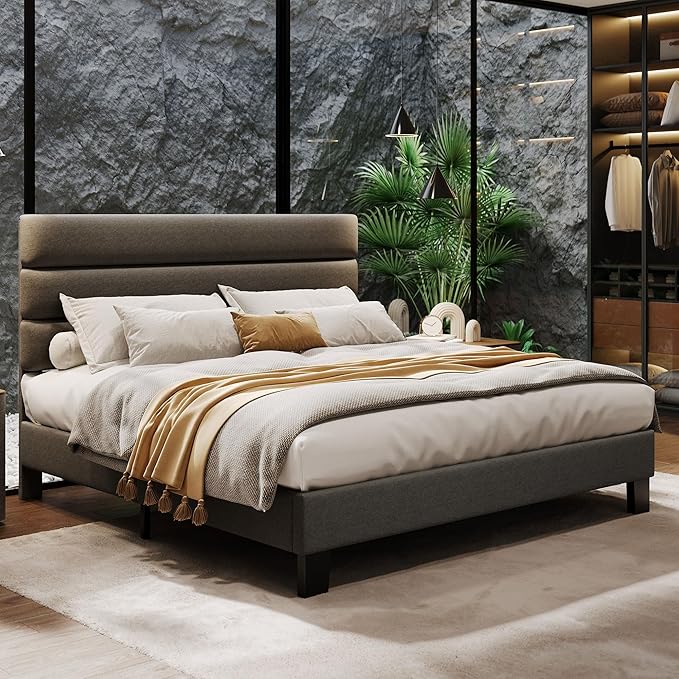 IDEALHOUSE King Bed Frame with Adjustable Headboard, Fabric Upholstered and Wooden Slats Support, Heavy Duty Mattress Foundation, Platform Bed No Box Spring Needed, Easy Assembly, Grey