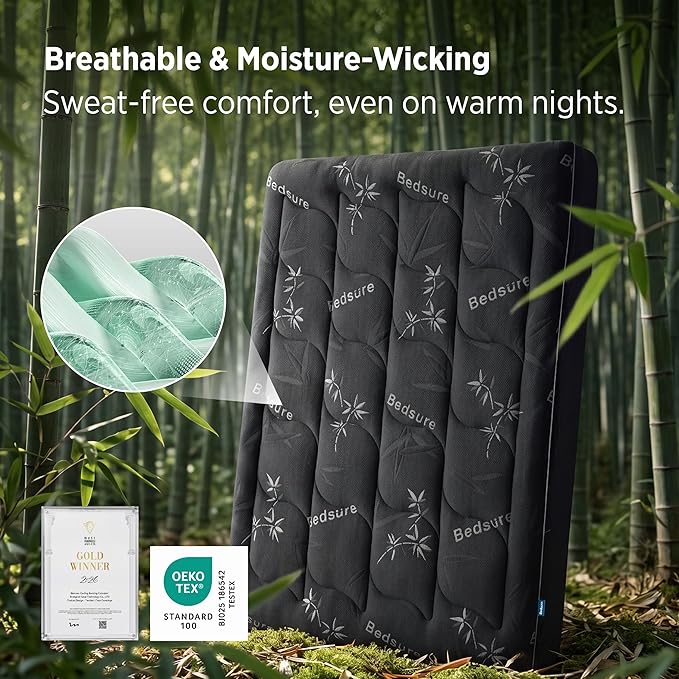 Bedsure King Mattress Topper - Viscose Made from Bamboo Ultra Soft Thick Fluffy Pillow Top Mattress Pad with 21 Inch Deep Pocket, Breathable, Moisture Wicking, Black, 78x80 Inch