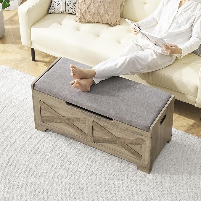 IDEALHOUSE Storage Bench, 39.4" Retro Wooden Storage Chest with 2 Safety Hinges, Loads 300 lb, Easy Assembly, Storage Ottoman Bench for Bedroom Entryway Living Room, Grey