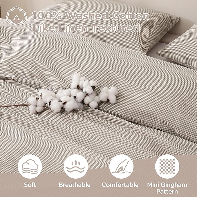 TOCOMOA Mini Gingham Tan Duvet Cover Bedding Set 100% Washed Cotton Like Linen Feel Super Soft Comfy 3 Piece Brown Small Plaid Checkered Comforter Cover Set (King 104"x90", Comforter Not Included)
