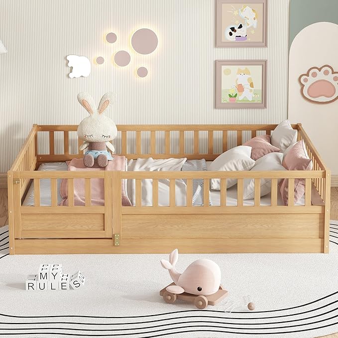 Bellemave Full Size Floor Bed with Slats and Door, Full Size Montessori Floor Bed with Rails, Easy Assemble Montessori Beds Frame for Bedroom, Natural