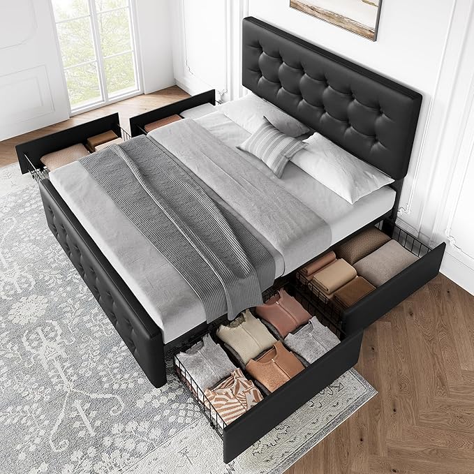 IDEALHOUSE Queen Size Bed Frame with 4 Storage Drawers and Headboard, Faux Leather Upholstered Platform Bed Frame with Wooden Slats Support, Button Tufted Design, No Box Spring Needed, Black