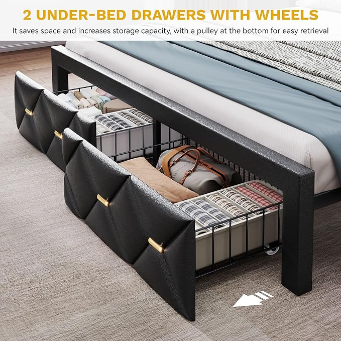 YITAHOME Full Size Bed Frame with 2 Storage Drawers and Storage Headboard, Upholstered Platform with Charging Station and LED Light, No Box Spring Needed, Noise Free, Easy Assembly, PU Leather Black