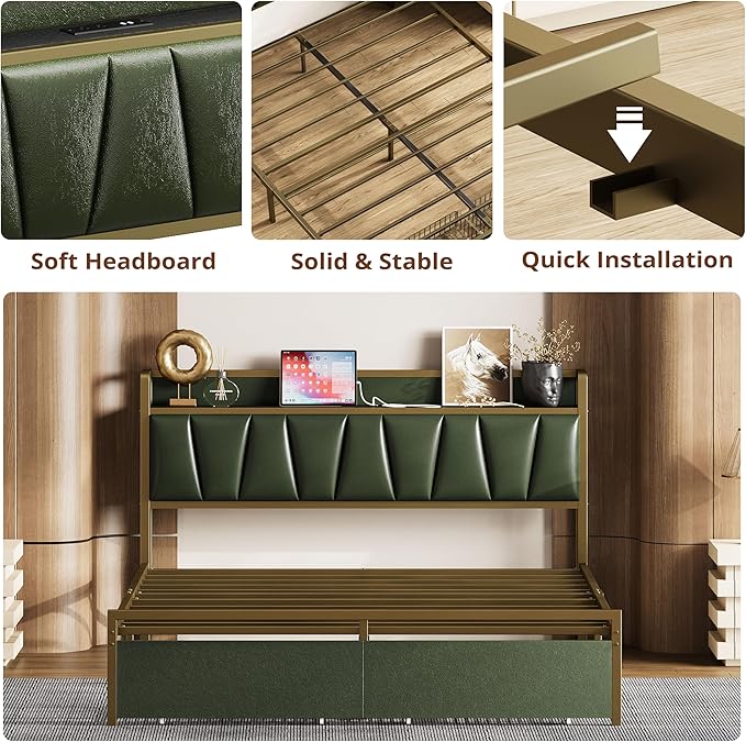 LIKIMIO Queen Bed Frame, Storage Headboard with Charging Station, Platform Bed with Drawers, No Box Spring Needed, Easy Assembly, Dark Green