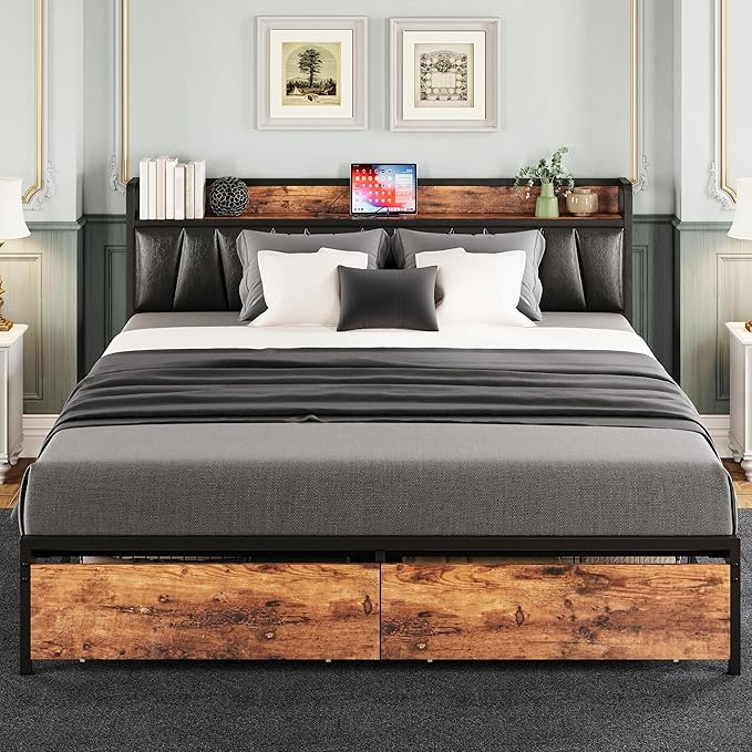 LIKIMIO California King Size Bed Frame, Storage Headboard with Charging Station, Platform Bed with Drawers, No Box Spring Needed, Easy Assembly, Vintage Brown and Black