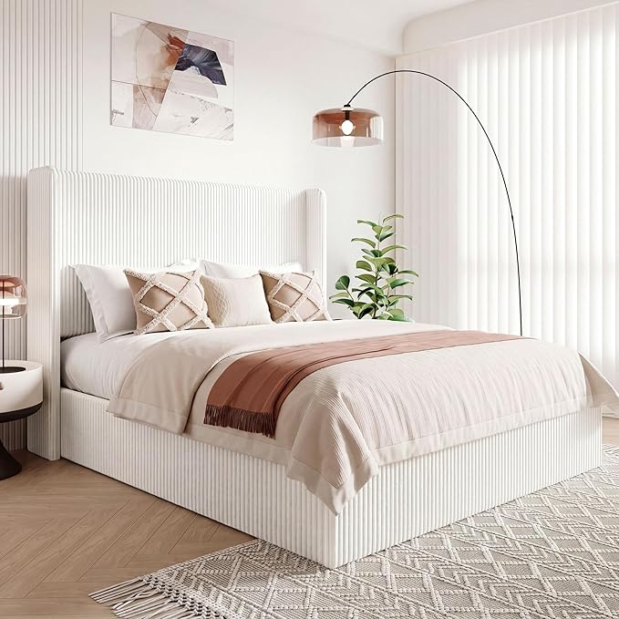 Allewie Queen Size Lift-Up Storage Bed Frame with Modern Wingback Headboard, Corduroy Upholstered Platform Bed, Hydraulic Gas Lift Support, Underbed Storage, Wooden Slats, No Box Spring Needed, White