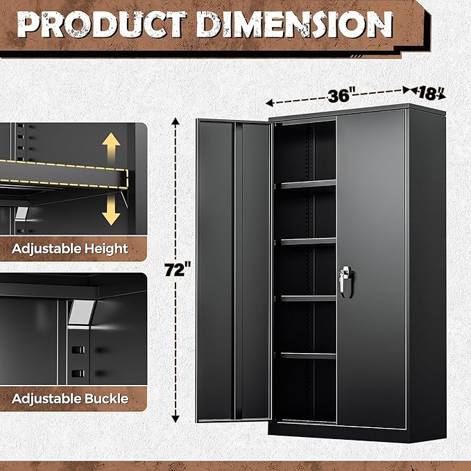 INTERGREAT Metal Storage Cabinet, 72” Storage Cabinet with 2 Doors and 4 Adjustable Shelves for Office, Home, Garage, Pantry (Assembly Required, 18”D, Black)