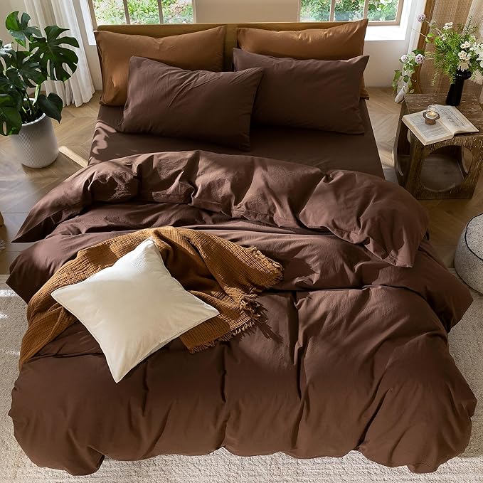 MooMee Bedding Duvet Cover Set 100% Washed Cotton Linen Like Textured Breathable Durable Soft Comfy (Solid Cocoa Brown, Cal King 104"x98")