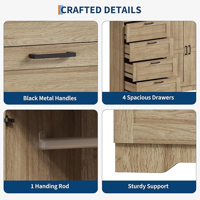 GarveeHome Multifunctional Wooden Dresser for Bedroom, 43.3 in H 2 Door Wardrobe Armoire Closet with 4 Drawers and Hanging Rod, Low Storage Cabinet for Hanging Cloth, Natural Oak