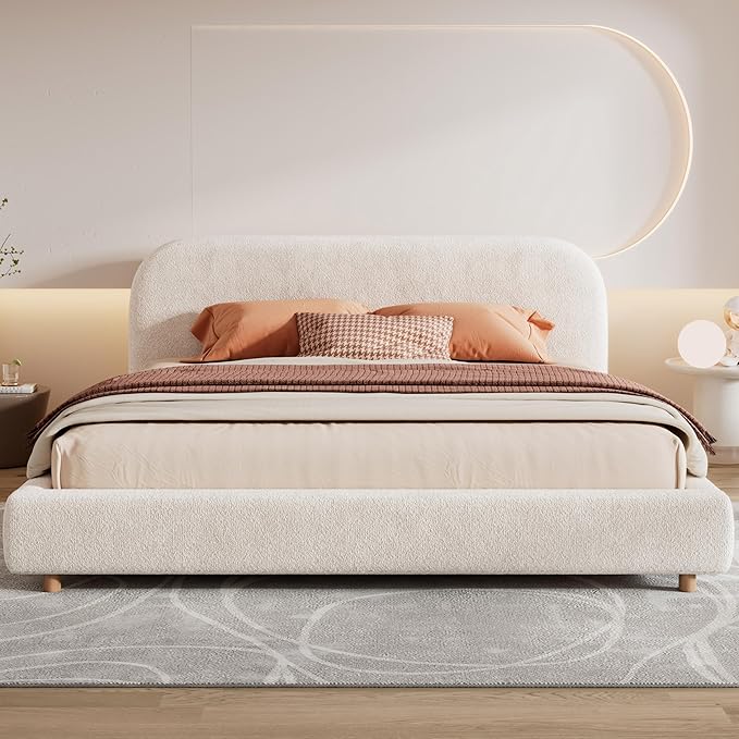 Merax King Size Teddy Fleece Thick Fabric Upholstered Platform Bed with Curved Shaped Headboard, Wood Bed Frame with Solid Round Legs for Kids Teens Adults, White