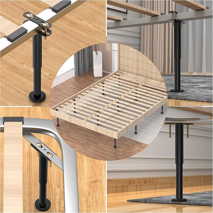 Wlrrcwdttc 4 Pcs Adjustable Height Bed Support Legs 5.9-10.5 inch, Bed Frame Center Support Legs for Bed Frame/Bed Center Slat/Furniture,Heavy Duty Metal Bed Replacement Legs Bed Slats Support Legs